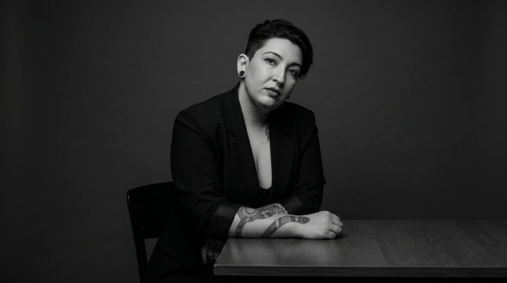 Jady Mota, praticante de Tarot Terapêutico, em retrato preto e branco